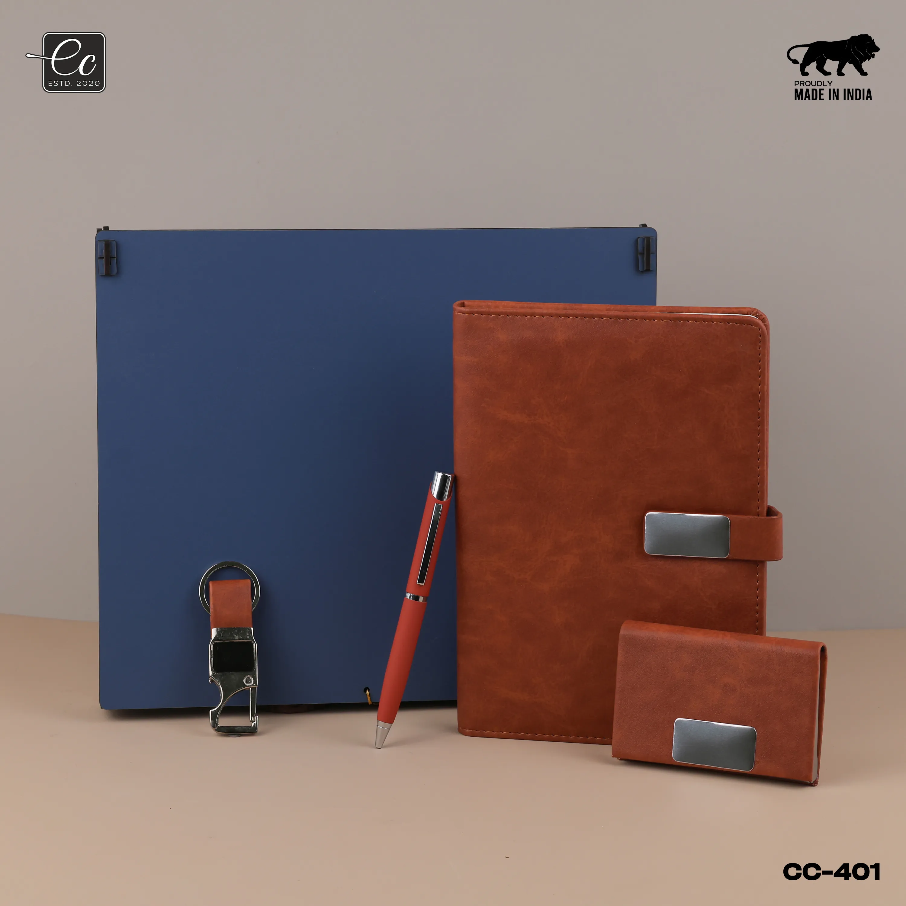 4 in 1 Corporate Gift Set includes Personalized Diary, Pen, Card Holder & Keychain